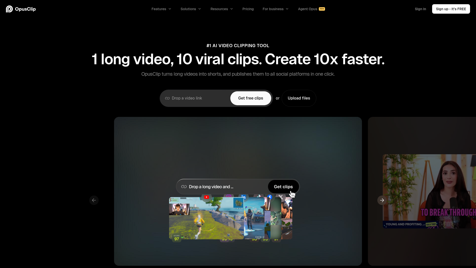 Screenshot of an AI video clipping tool homepage showing how to upload and get clips