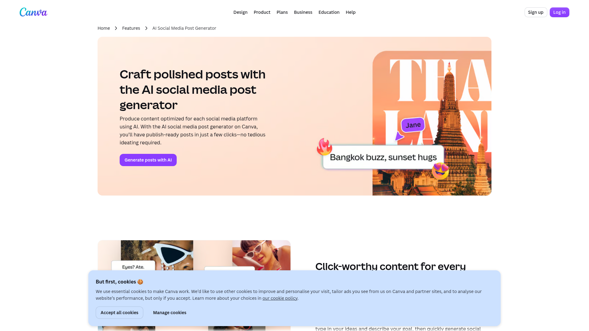 Screenshot of an AI social media post generator homepage, showing options to create content