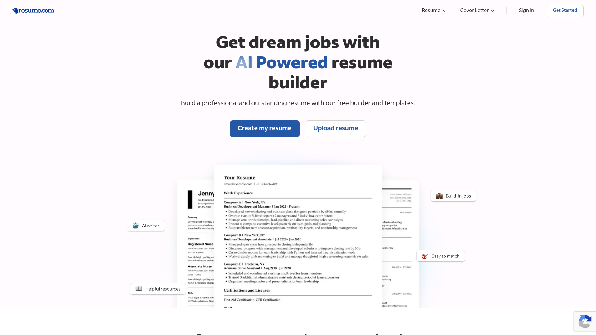 Screenshot of a modern resume builder app homepage displaying various template options.
