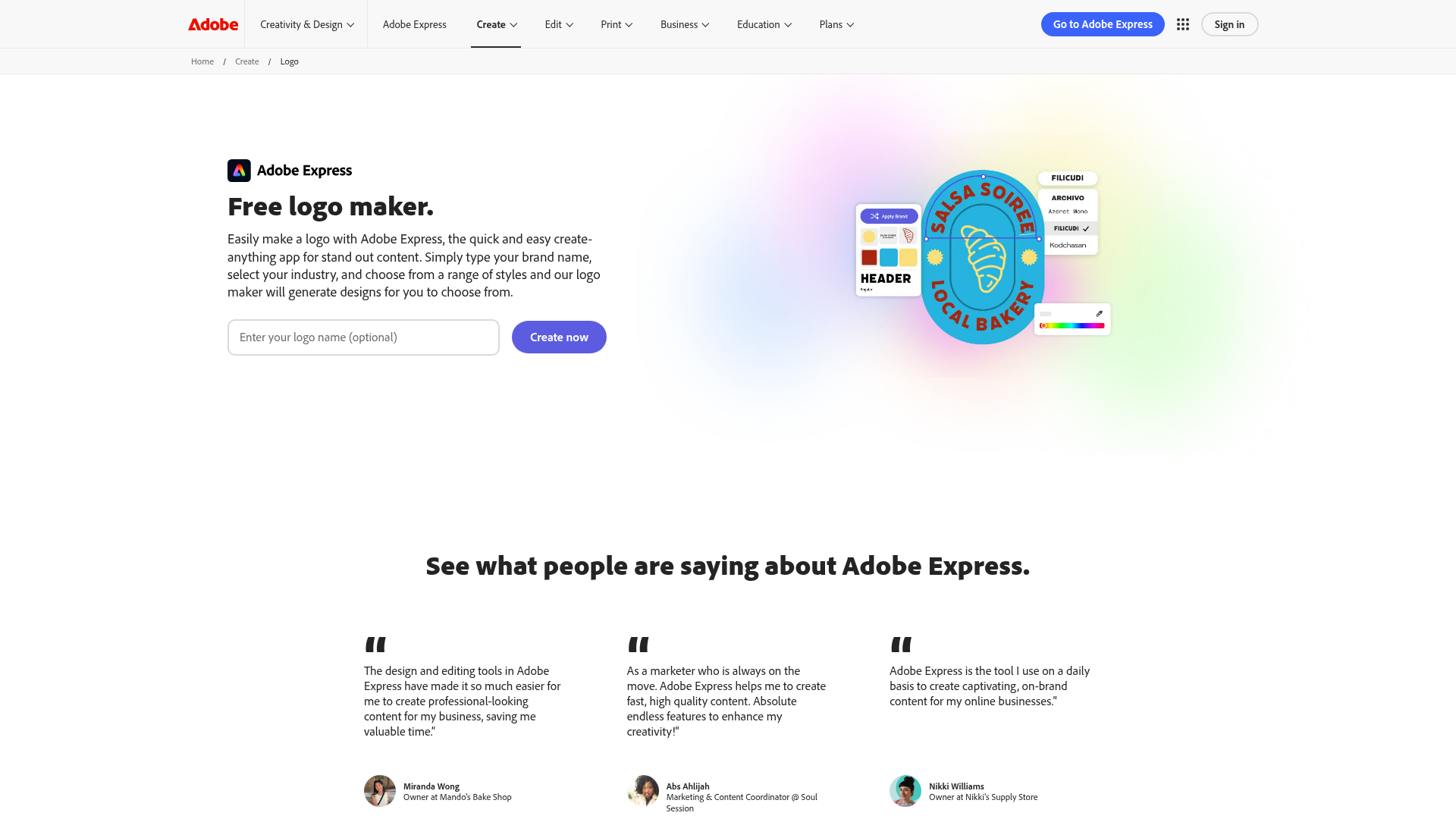 Screenshot of a homepage of an AI logo maker showing various logo design options.