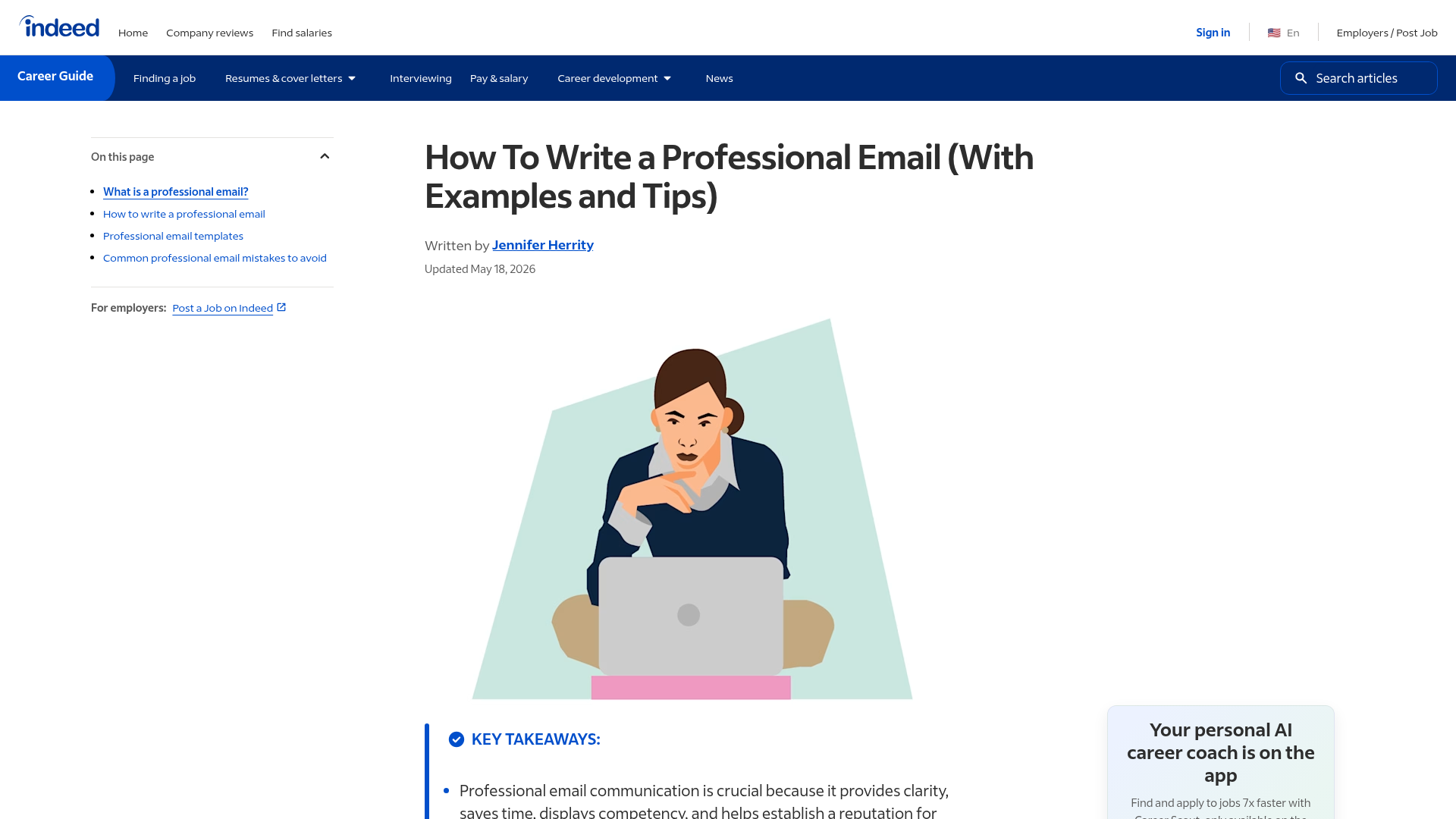 A person typing on a laptop, illustrating the act of writing a professional email, with email subject lines and content on the screen.