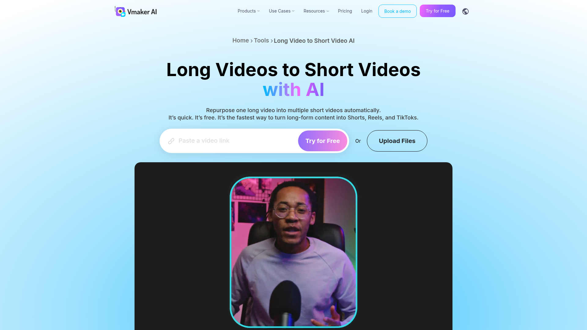 OpusClip homepage showcasing AI-powered short video generation